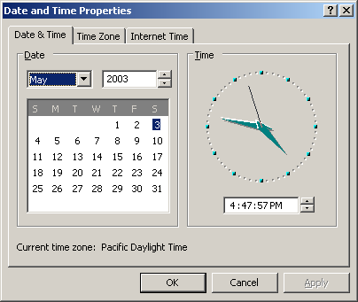 Time and date in Windows Server 2003 Web (Date and Time Properties)