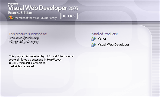 Splash in Visual Web Developer 2005 Express